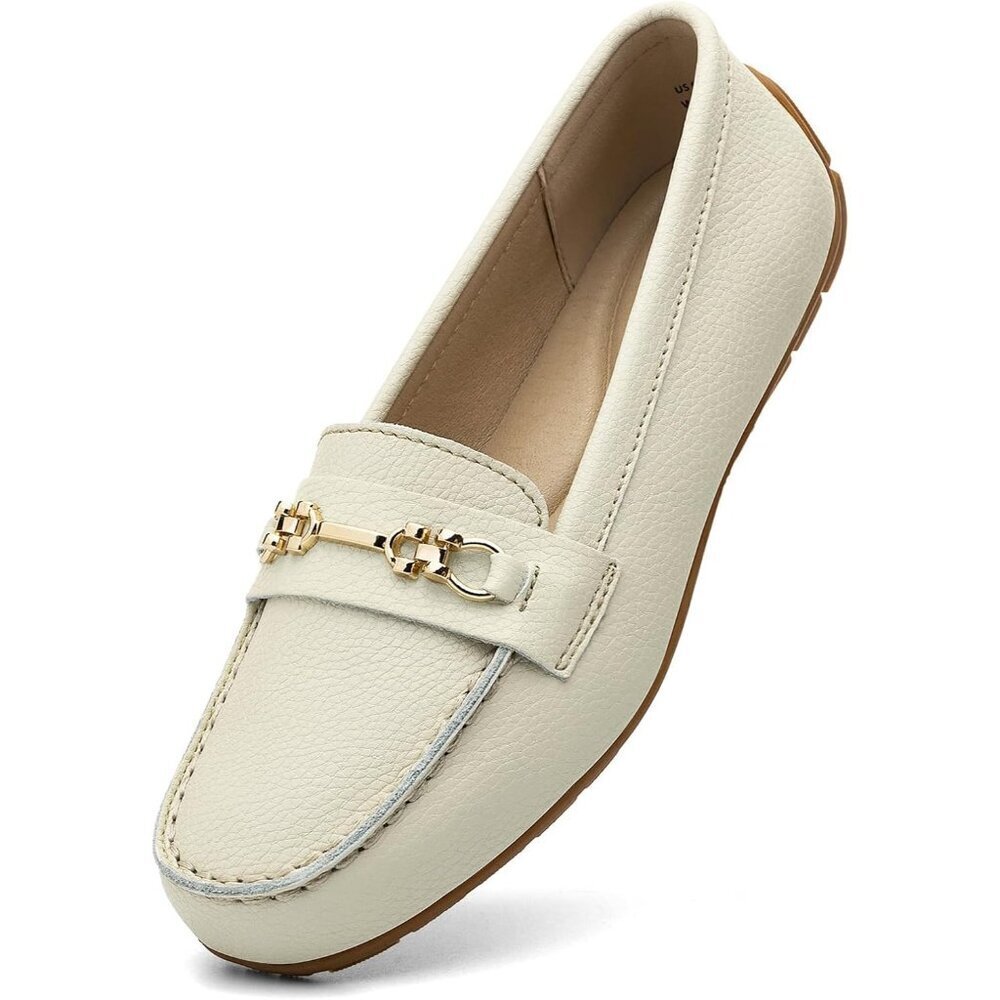 Kordal Women's Beige Leather Gold Accent Buckle Slip-Ons Walking Flats Loafers